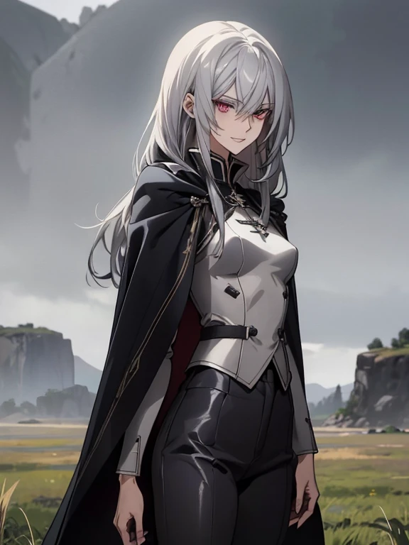 (Confused, High resolution, Very detailed), 1 female, Silver Hair,Long Hair,Crimson Eyes,Blue and black military uniform,24th generation,beauty,mature,thin,quiet,Calm,A small smile,Long Cape,Slender and thin,,skinny pants,grassland,hill,Small breasts,