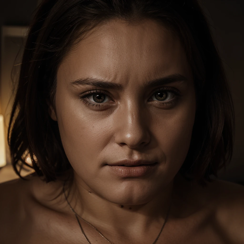 Photorealistic 4k, darkened room, close up, terrified man and woman in bed