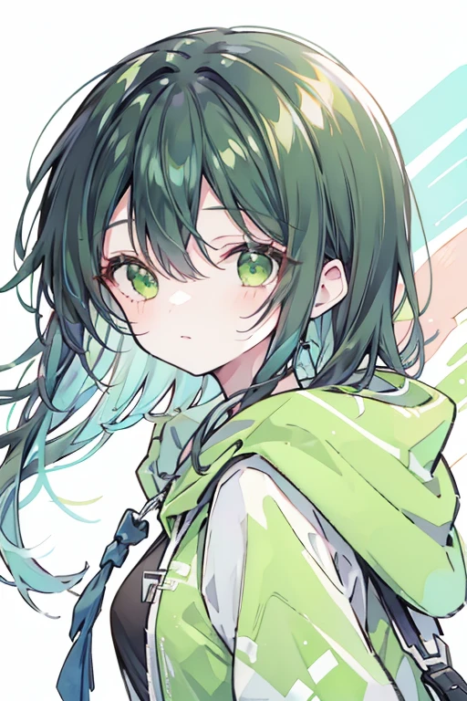best quality, beautiful, absurdres,girl,long hair,black hair,green inner hair,green hoodie,green eyes,White back ground