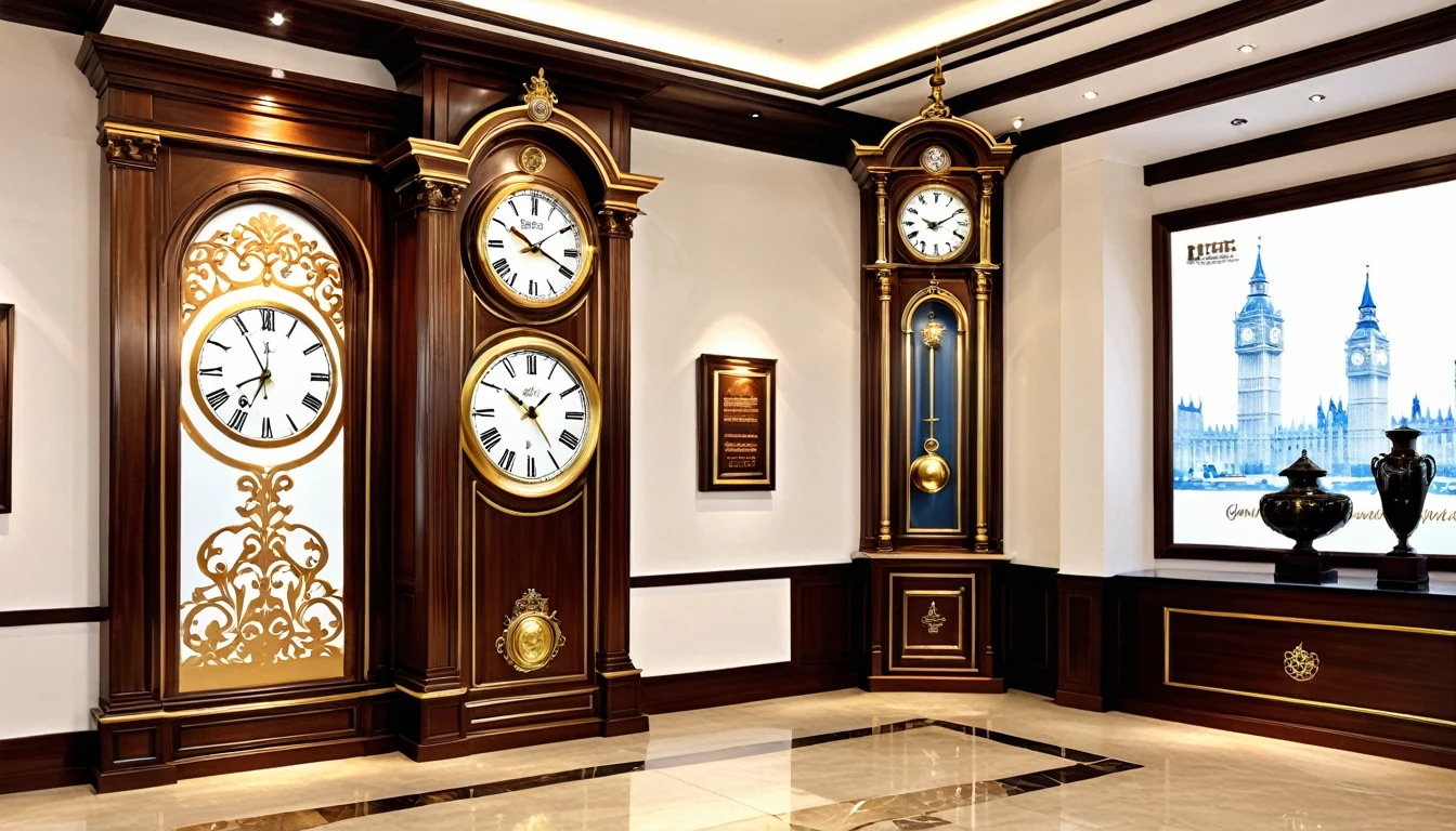 best quality,Interior design master works,Photo Effects,Exhibition hall wall,Wall 6 meters wide、2.4 meters high,Wood、leather、Metal trim back panel,British clock tower with bronze relief,photo,Company slogan