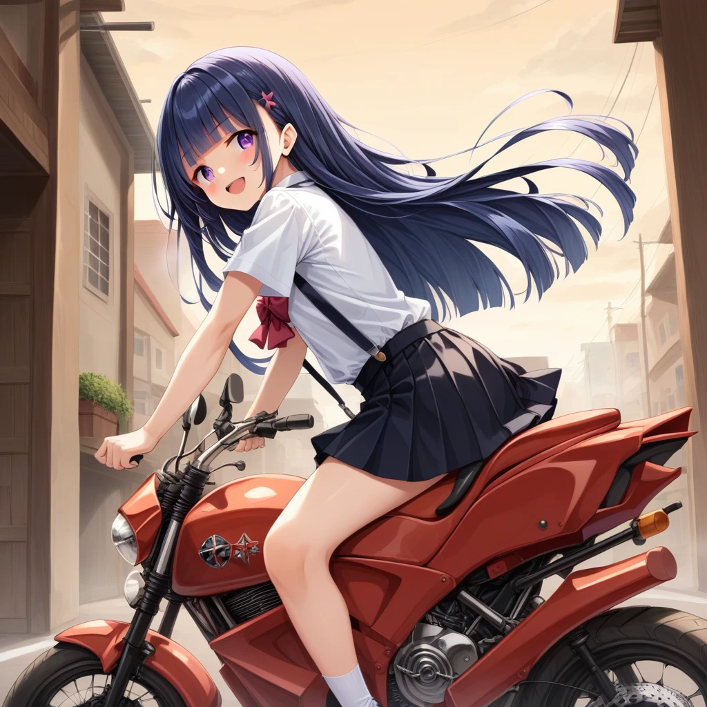 score_9, score_8_up, score_7_up, score_6_up, source_anime,,,,1girl, solo, furude rika, (tween:1), kawaii, blue hair, purple eyes, long hair, blunt bangs, bangs, bow, skirt, shirt, suspenders, smile, short sleeves, pleated skirt, white shirt, open mouth, red bow, ^_^, suspender skirt, , black skirt, collared shirt, blush, bowtie, blunt bangs, dress shirtt, ,  anime coloring.serious,(a girl riding a motorcycle at full speed:1.5),(from side,side view),,,(serious expression:1.5)、Gripping the handlebars