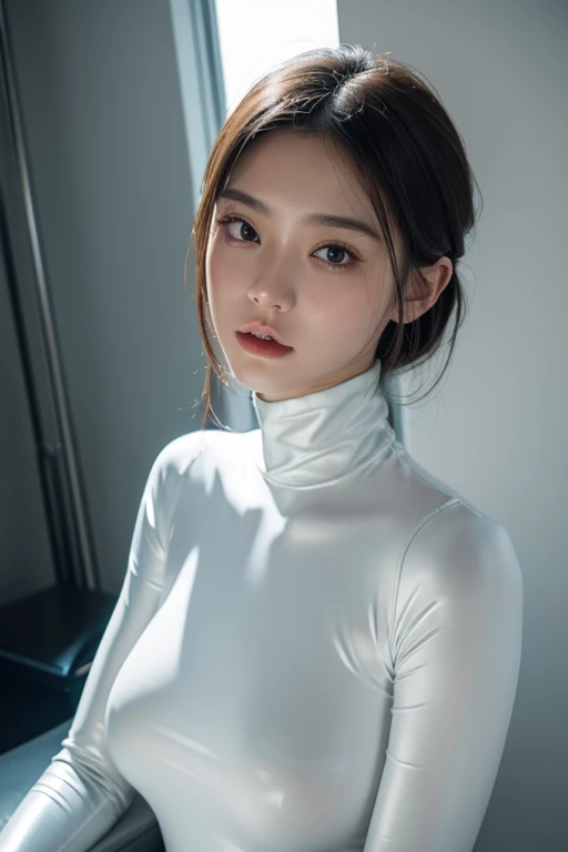 (Raw photo:1.2)、Highest quality、Beautiful detailed girl、Tight bodysuit、Latex bodysuit, Laughter、Highly detailed eyes and face、Beautiful and fine details、Large file size、High resolution、High resolution、8k wallpaper details、Highly detailed Ticker uniform 8K wallpaper、Light on the face、Cinema Lighting、18-year-old girl、Sexy pose、(Photorealism:1.4)、Awareness-raising、Surrealism、 From below、Super Detail、masterpiece