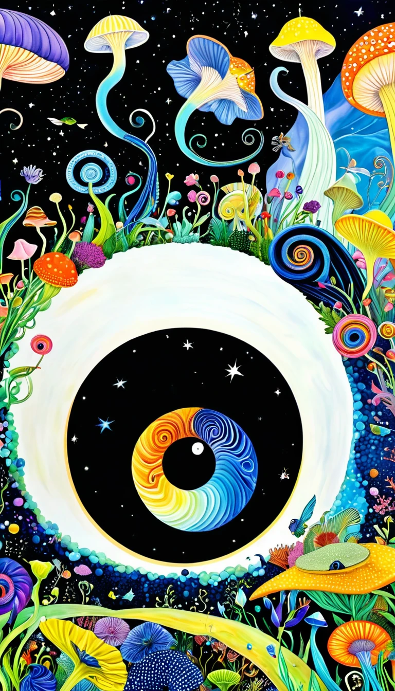 1snails小屋,Artists from the stars,Colorful black,A world of color,Dopamine,mouth,A cloud、snails、iris、fish、Tentacles、bird、Eye、diatom,Abstract mosaic painting,Describing the inner world of autistic people,Sense of space,White Space,interesting,Innocence,Psychedelic Art,Black overall