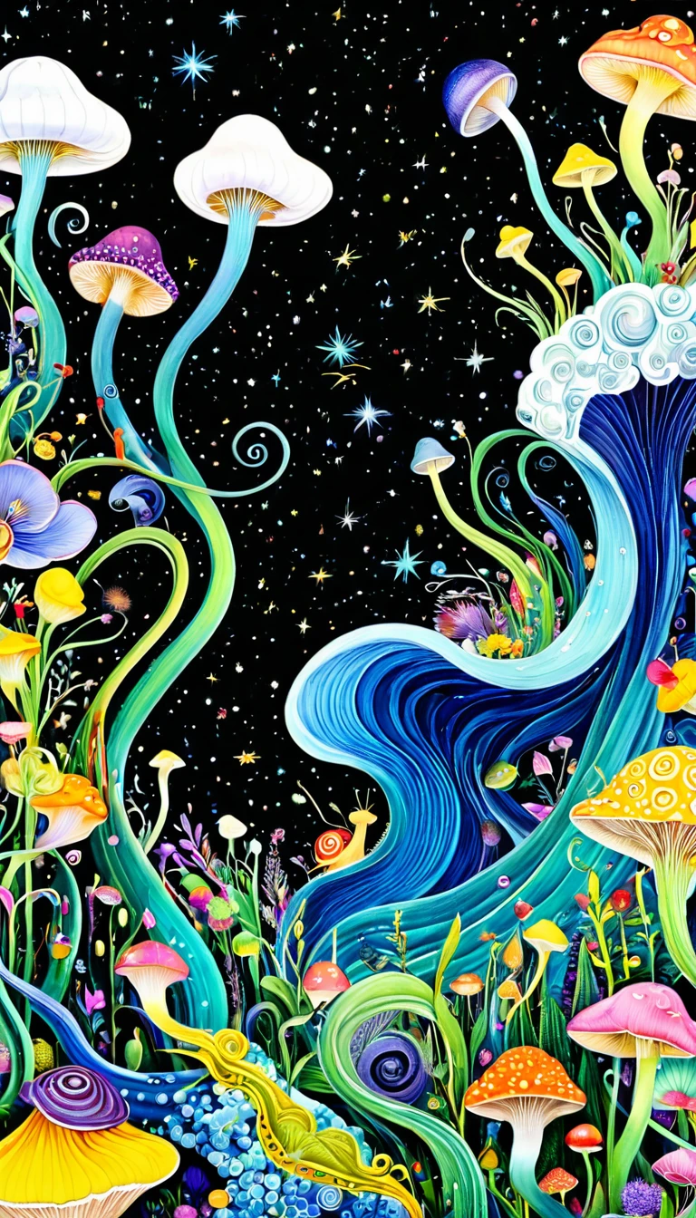 1snails小屋,Artists from the stars,Colorful black,A world of color,Dopamine,mouth,A cloud、snails、iris、fish、Tentacles、bird、Eye、diatom,Abstract mosaic painting,Describing the inner world of autistic people,Sense of space,White Space,interesting,Innocence,Psychedelic Art,Black overall