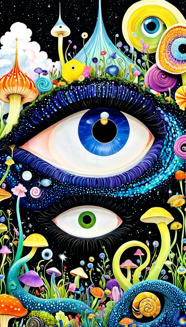 1snails小屋,Artists from the stars,Colorful black,A world of color,Dopamine,mouth,A cloud、snails、iris、fish、Tentacles、bird、Eye、diatom,Abstract mosaic painting,Describing the inner world of autistic people,Sense of space,White Space,interesting,Innocence,Psychedelic Art,Black overall