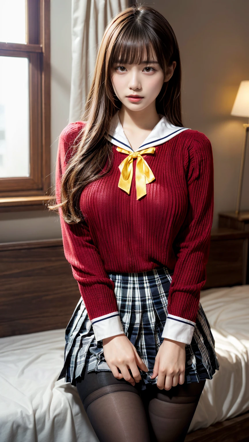 (absurdres:1.3), (highres:1.3), (ultra detailed:1.3),(1girl:1.3), (extremely detailed CG unity 8k wallpaper:1.3), (detailed skin texture, detailed cloth texture, detailed hair texture), (beautiful detailed face, supermodel, pale skin, realistic glistening skin), (RAW photo, best quality), (realistic, photo-realistic:1.4), masterpiece, extremely delicate and beautiful,Amazing, finely detail, extremely detailed CG unity 8k wallpaper, huge filesize, ultra-detailed, highres, absurdres, soft light,rim light, vibrant details, hotel room, straight hair, large breasts, black hair color, Big Natural Color Lip, (perfect body shape), beautiful legs, BREAK (red theme:1.4), (school uniform:1.2), (fusion of red sweater and red shirt with sailor-collar:1.4), (tucked out uniform tops:1.4), (long sleeve:1.2),
BREAK (yellow theme:1.3), (sailor-collar with yellow ribbon:1.3),
BREAK (black and white plaid-pattern pleated-skirt:1.3), (pantyhose:1.2), (loafers:1.1), crying a little、Harajuku style、20 year old girl、cute type、lolita、