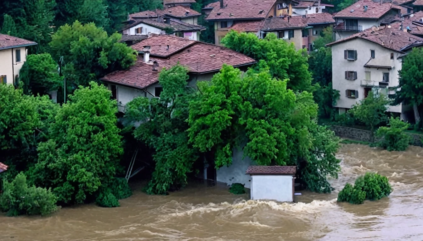 whoa, Dramatic moving image depicts a violent storm knocking down trees, roofing houses and causing flooding in Varese, Italy. It is possible to see bad weather with gusts of wind and destruction. The scenario is one of chaos.