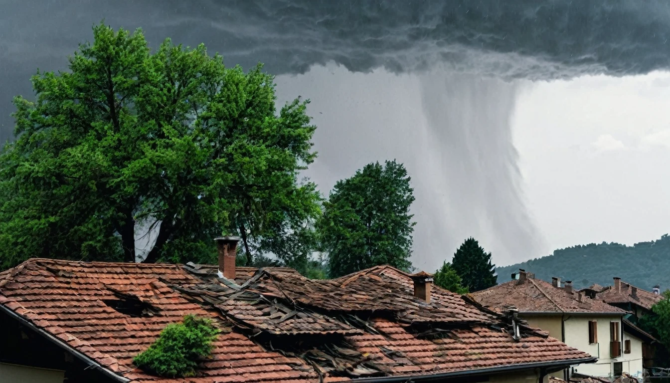 whoa, Dramatic moving image depicts a violent storm knocking down trees, roofing houses and causing flooding in Varese, Italy. It is possible to see bad weather with gusts of wind and destruction. The scenario is one of chaos.