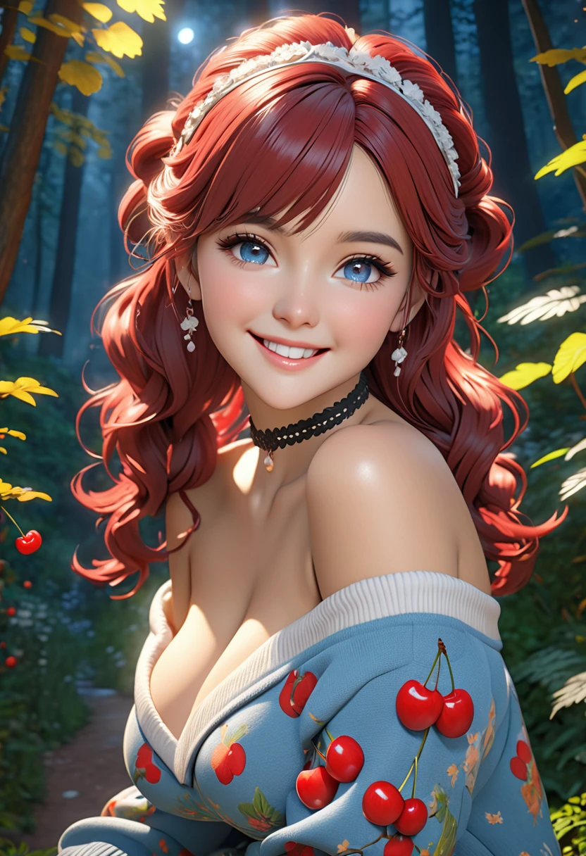 masterpiece, best quality, highly detailed, 1girl, solo, twintails, off-shoulder sweater, cherry red hair. choker, jacket, hairband, looking at viewer, smile, blush, Wide Smile, Eyes Detailed & Wide, sexy Pose. Ultra HD, Rococo-Inspired Fantasy Art With Intricate Details. Cute, Charming Expression, Alluring-Gaze, looking at viewer Beautiful Eyes, An-Ideal-Figure. Large Youthful Well-Shaped-Breasts, Massive-Round-Bosom, Décolletage. slim waist, fit body, full lipsWarm lights , woman in a dreamy forest at night, with fluffy hair, delicate face, realistic, real, slim, large aperture, sexy shots, attractive poses,Stunnin gly beautiful merge of jay Leno. symmetrical face, photorealistic, photography, path tracing, specular lighting, volumetric face light, path traced hairmaximum quality{(masutepiece) (8K High Resolution) (top-quality) In the style of breath of the wild.