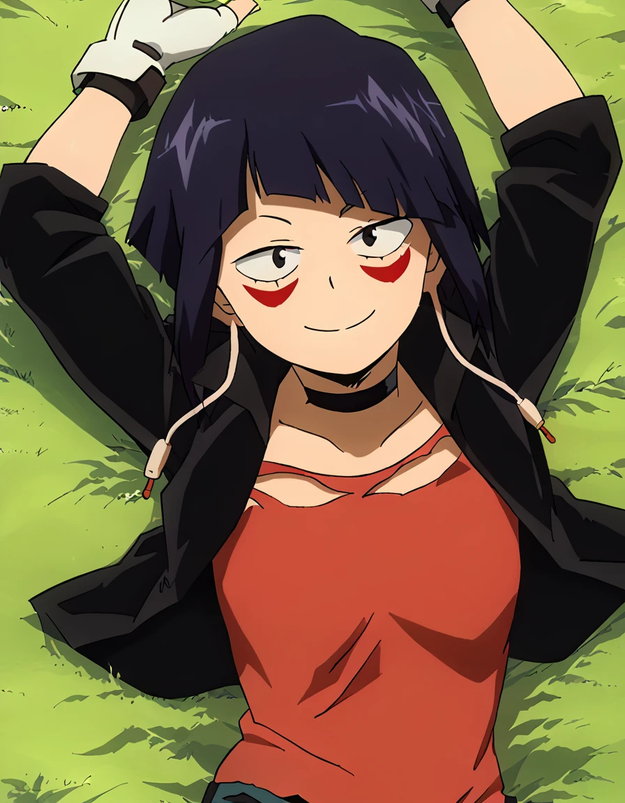 kyokajiro_mha, three-quarter shot, earlobes, red face markings, black choker, dark leather jacket, ripped shirt, jeans, fingerless_bulk_gloves, high quality, lying, on grass, 1girl, solo, on back, arms up, spread arms, looking at viewer, best quality, closed mouth, smile, (cowboy shot:1.5),