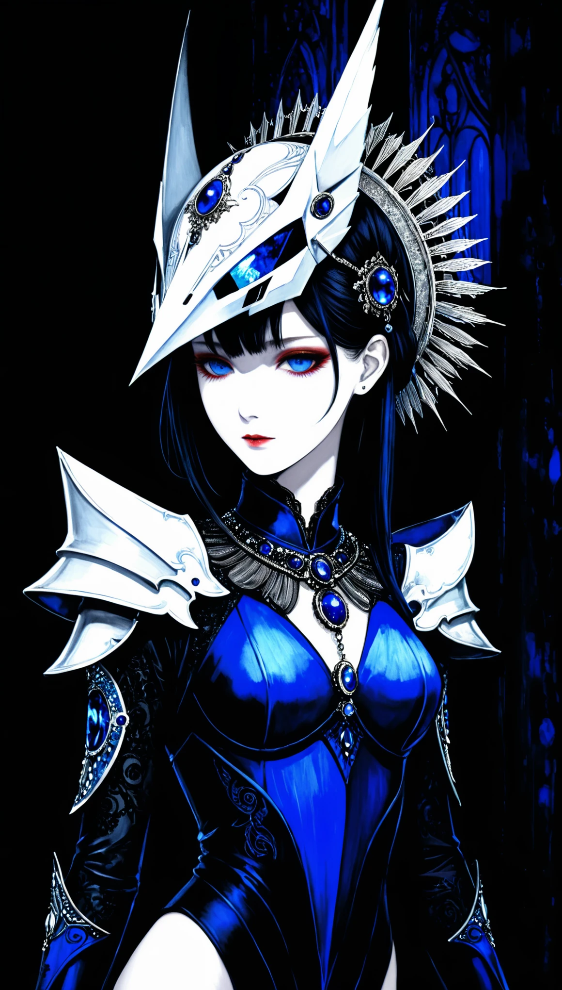 in style of Harry Clarke,in style of Santiago Caruso,(in style of zao won-ki:1.3), 1girl,protogen visor azul and ghostwhite,