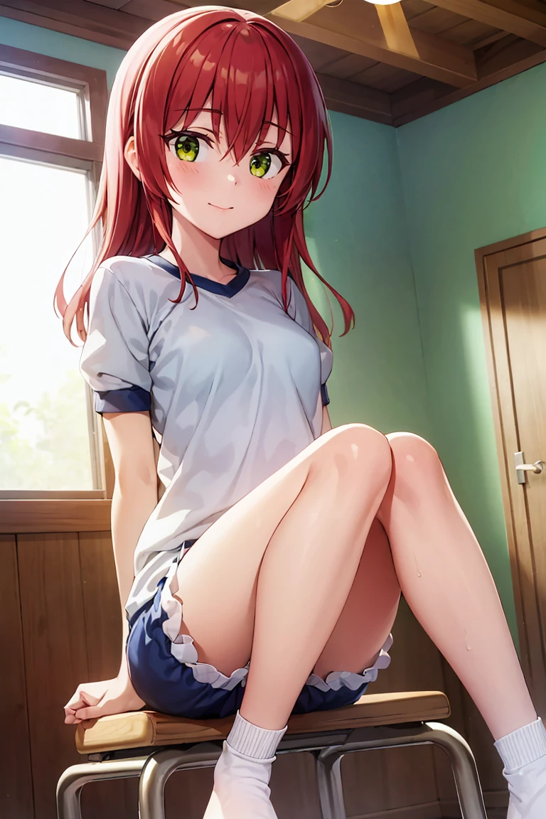 room, 1 Girl, Highest quality, Ultra-high resolution, Long Hair, Redhead, Green Eyes,Looking at the audience, Small breasts , smile, Open your mouth、(Navy blue cuffs and white short-sleeved gym uniform)、(Navy Blue Bloomers)、(
barefoot)、Navy blue socks、Sit on a chair、Sexy pose