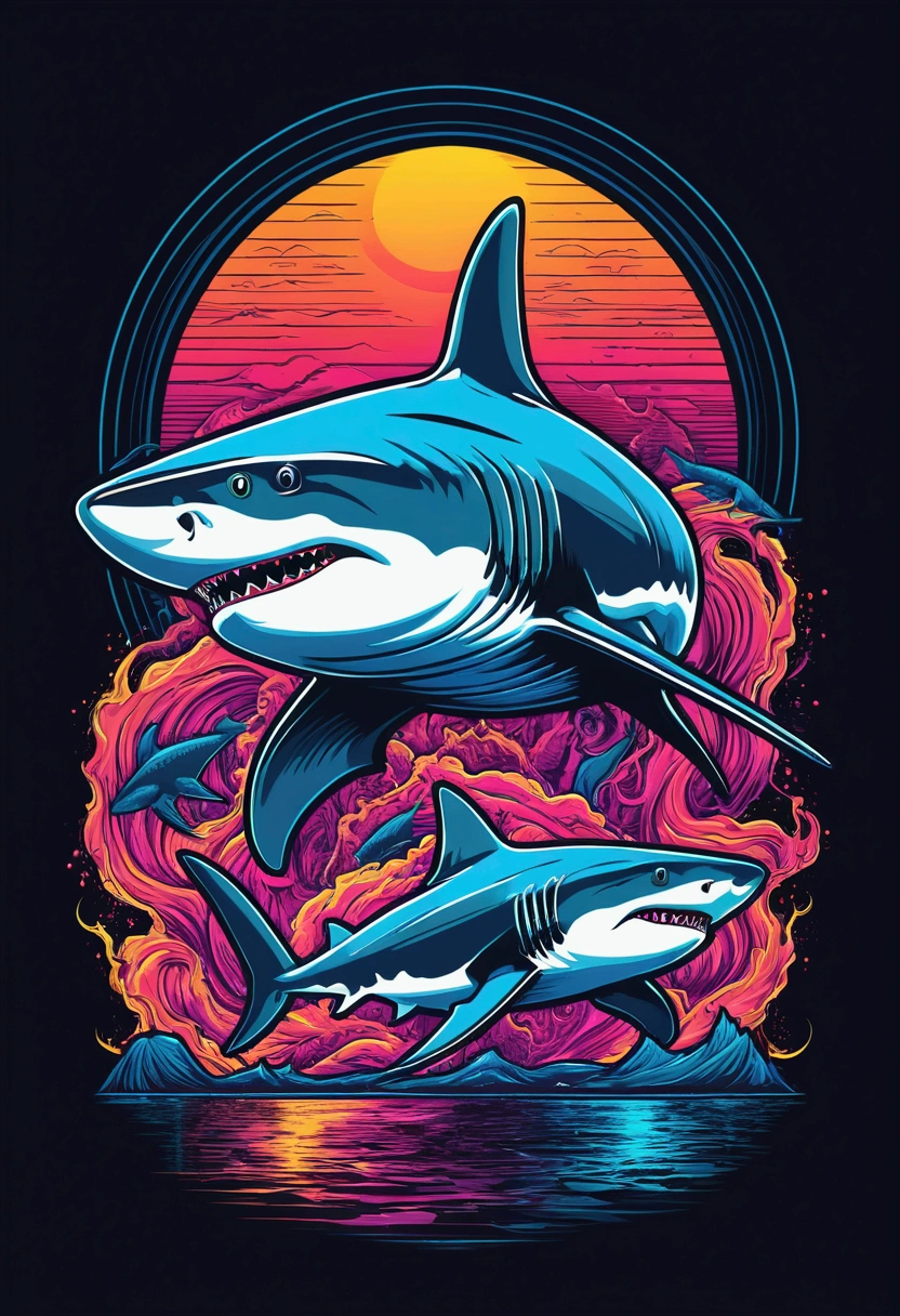 a shark, expressionism, two-dimensional illustration, dark tones, magical realism, synthwave:: t-shirt vector, center composition graphic design, plain background::2 mockup::-2 --upbeta --ar 1:1