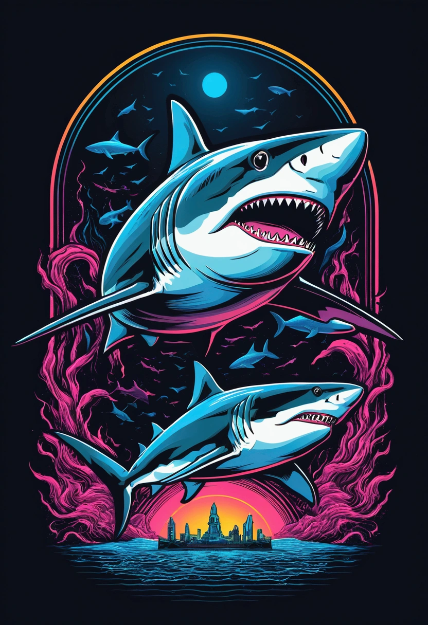 a shark, expressionism, two-dimensional illustration, dark tones, magical realism, synthwave:: t-shirt vector, center composition graphic design, plain background::2 mockup::-2 --upbeta --ar 1:1
