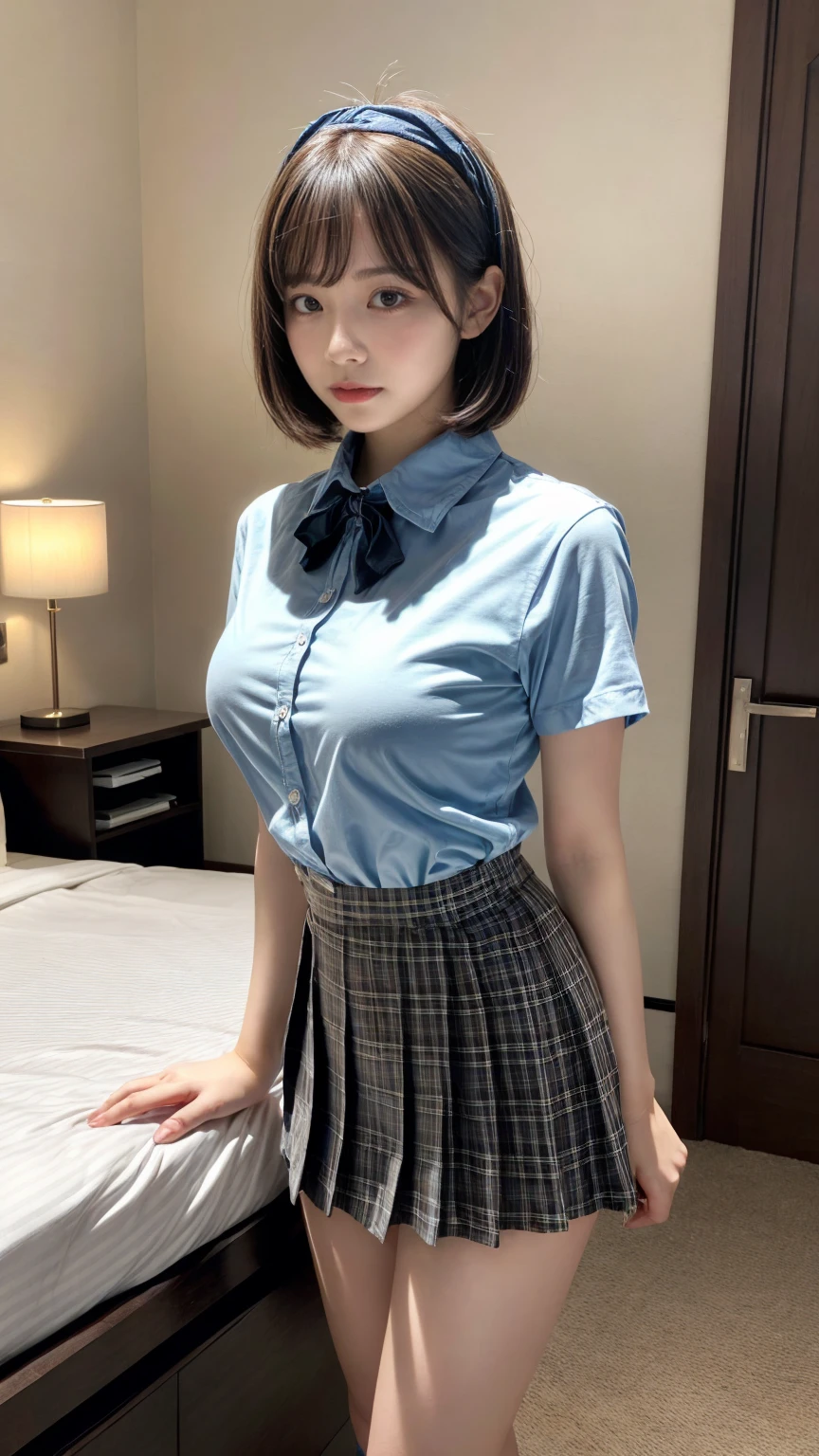 masterpiece, best quality, illustration, Super detailed, fine details, High resolution, 8K,wall paper, perfect dynamic composition,(Details High quality, realistic depiction of eyes:1.3), standing, (collared shirt:1.1), pleated skirt, short bob hair、black hair color, Big Natural Color Lip, bold sexy pose, crying a little、Harajuku style、acrobatic pose, 20 year old girl、cute type、lolita、beautiful legs, hotel room, gravure idol, Voluptuous thighs, huge breasts, Don't expose it