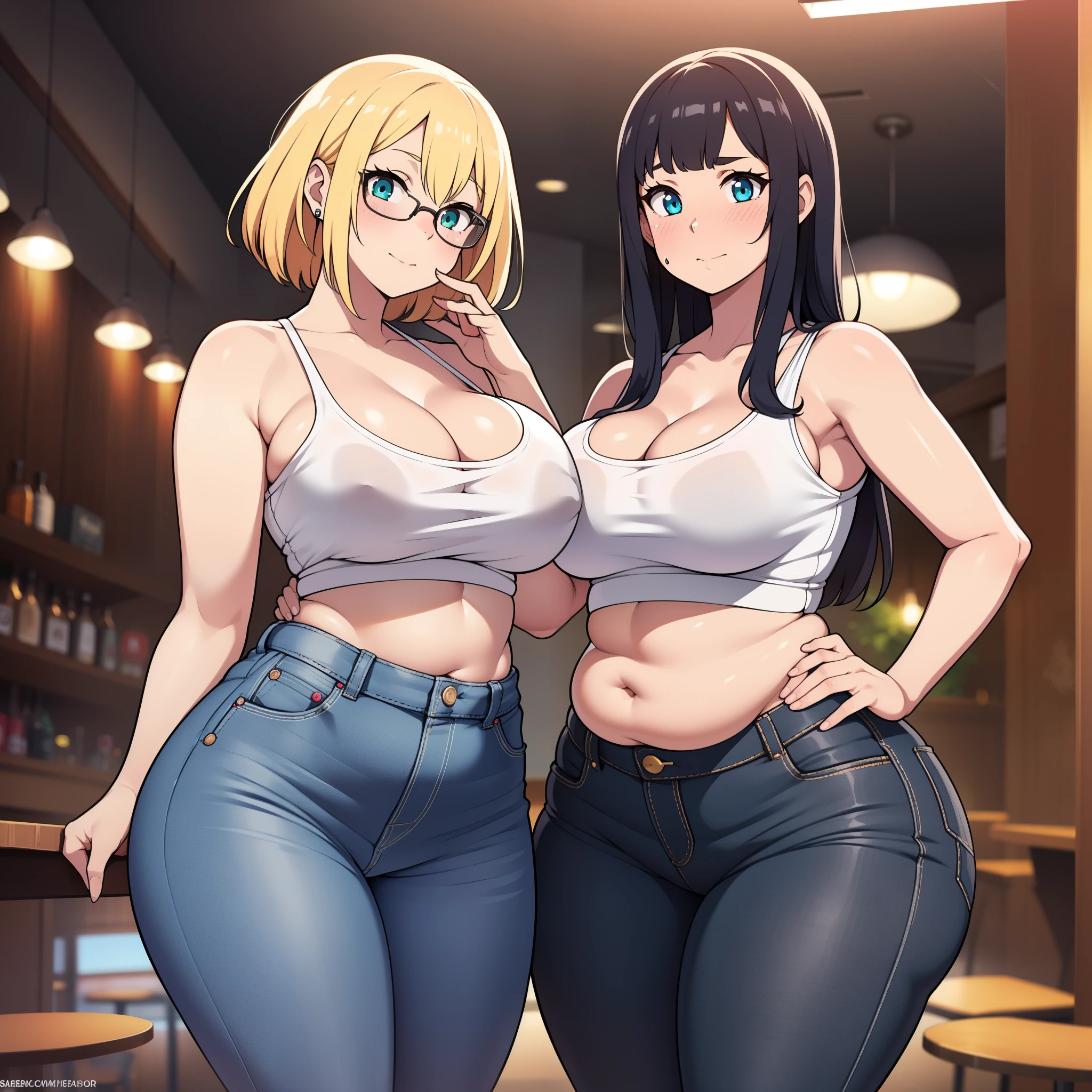 ((highres)), Masterpiece, high quality, best quality, beautiful, perfect lighting, detailed face, ultra cute face, ((2girls)), blush, one girl has blonde hair, blue eyes, crop top and shorts, one girl has brown hair, green eyes, jeans, white shirt, fast food restaurant, cleavage, medium breasts, ((wide hips)), (thick thighs), ((chubby)), chubby belly, belly grab, fat folds, standing next to each other,