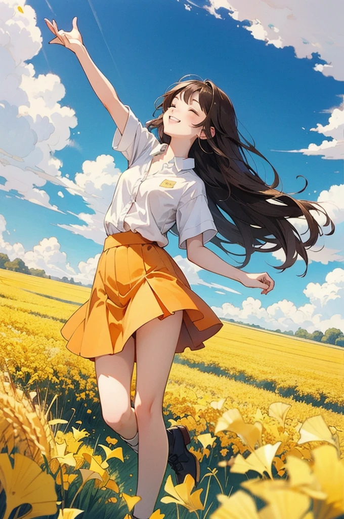 1 Girl, Brown Hair, Wearing an orange skirt, Towards the blue sky, close your eyes, smile, Surrounded by yellow wheat fields, Yellow ginkgo trees floating in the sky, White clouds in the blue sky, Manga style, high quality, High resolution, look up, Three-point perspective, Deep Knee
