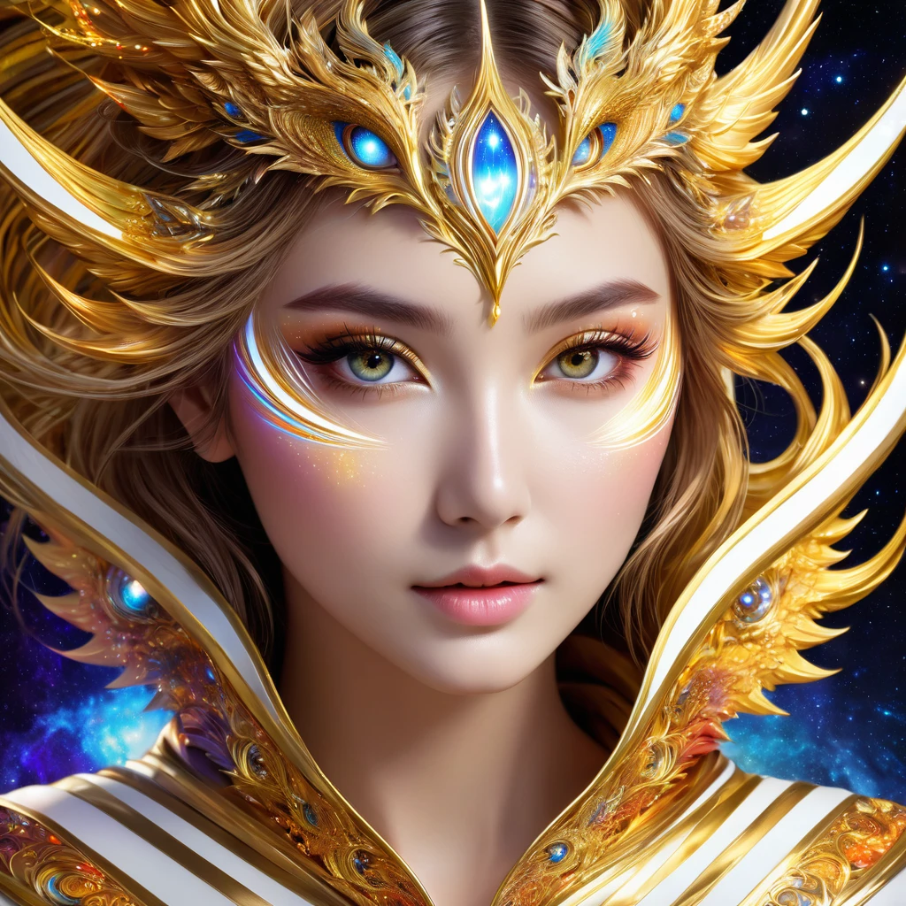 (masterpiece, Highest quality, Highest quality, Official Art, beautifully、aesthetic:1.2), (One girl), Highly detailed eyes, (Fractal Art:1.3), colorful, Most detailed, (Perfect Face), Shiny skin, High resolution, (White cloak Golden Line:1.2), Milky Way, (Streaks of Light), Impressive visuals, (Dynamic stripes, Light trail:1.2), Vibrant colors, (Phoenix), (Dragon)