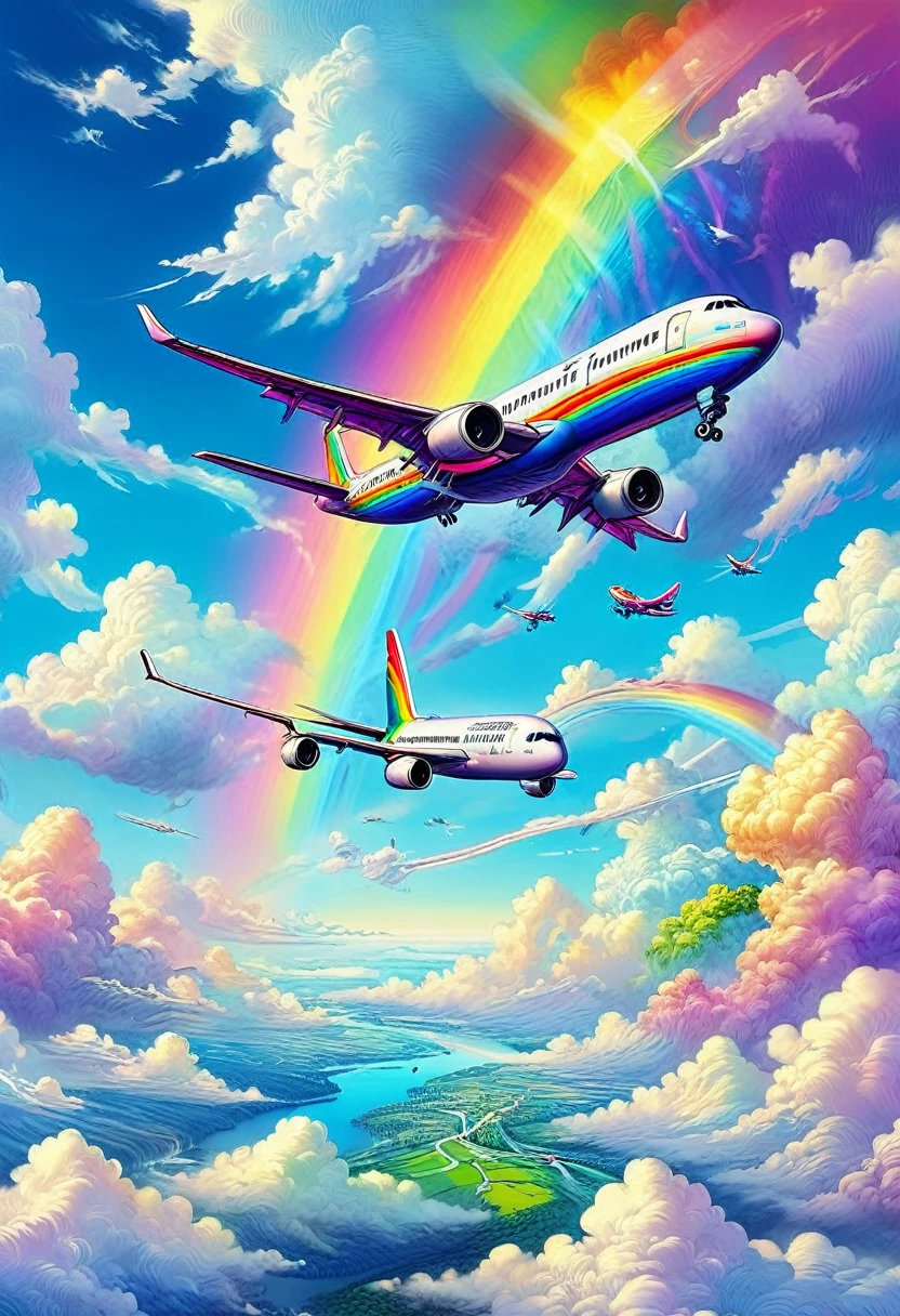 A world full of rainbow colors、Rainbow Airplane、A plane flying in a rainbow sky,colorful,Beautiful rainbow clouds,wonderful景色,Utopia,An atmosphere full of dreams and hope,masterpiece.16K, Ultra-high resolution, Ultra-high resolution, to be born,wonderful ,future、Iridescent、The world 30 years from now。