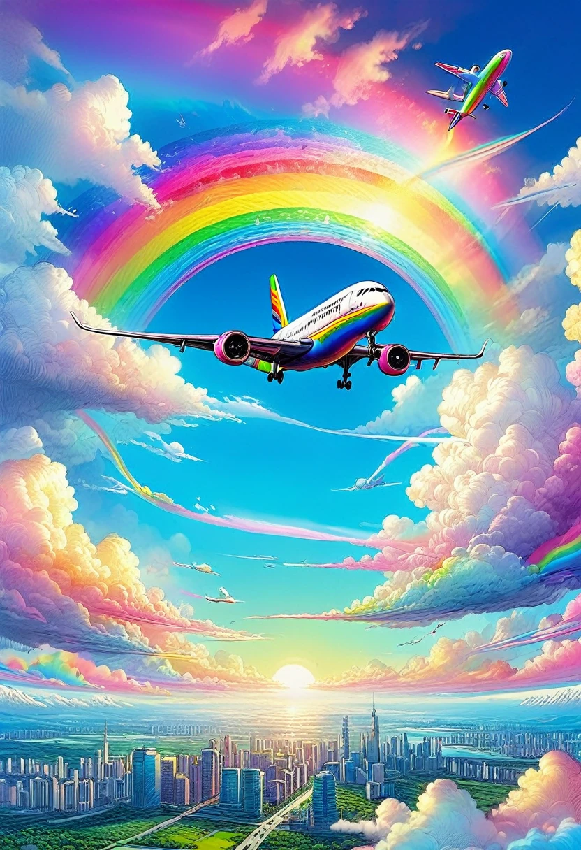 A world full of rainbow colors、Rainbow Airplane、A plane flying in a rainbow sky,colorful,Beautiful rainbow clouds,wonderful景色,Utopia,An atmosphere full of dreams and hope,masterpiece.16K, Ultra-high resolution, Ultra-high resolution, to be born,wonderful ,future、Iridescent、The world 30 years from now。
