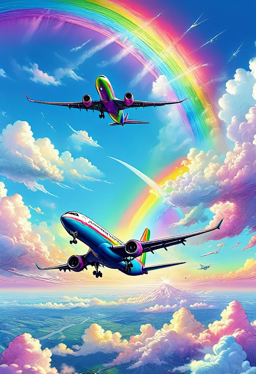 A world full of rainbow colors、Rainbow Airplane、A plane flying in a rainbow sky,colorful,Beautiful rainbow clouds,wonderful景色,Utopia,An atmosphere full of dreams and hope,masterpiece.16K, Ultra-high resolution, Ultra-high resolution, to be born,wonderful ,future、Iridescent、The world 30 years from now。