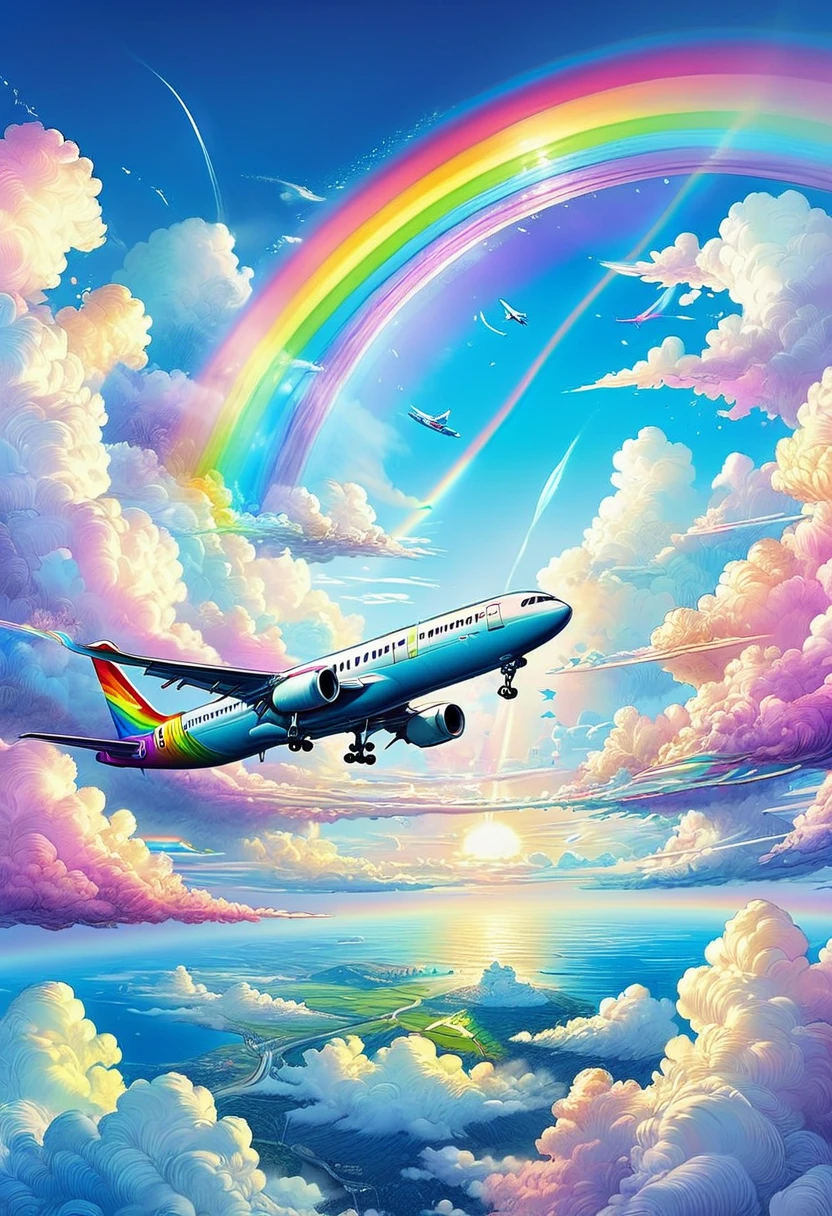 A world full of rainbow colors、Rainbow Airplane、A plane flying in a rainbow sky，colorful，Beautiful rainbow clouds，wonderful景色，Utopia，An atmosphere full of dreams and hope，masterpiece．16K, Ultra-high resolution, Ultra-high resolution, to be born,wonderful ,future、Iridescent、The world 30 years from now。