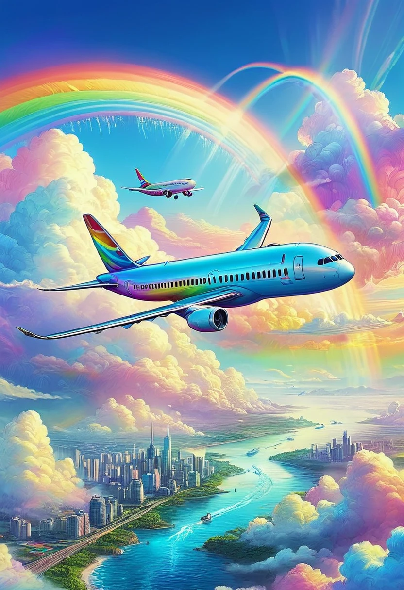 A world full of rainbow colors、Rainbow Airplane、A plane flying in a rainbow sky，colorful，Beautiful rainbow clouds，wonderful景色，Utopia，An atmosphere full of dreams and hope，masterpiece．16K, Ultra-high resolution, Ultra-high resolution, to be born,wonderful ,future、Iridescent、The world 30 years from now。