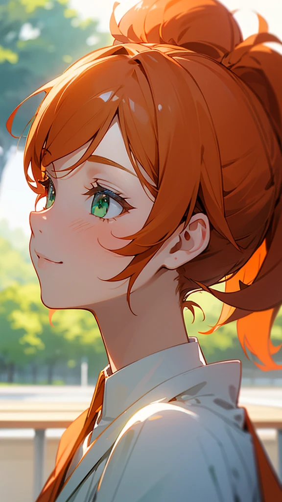 1girl、Orange Hair、ponytail、Beautiful green eyes、smile、profile、Face close-up、Morning Cafe Terrace、Background blur, Written boundary depth