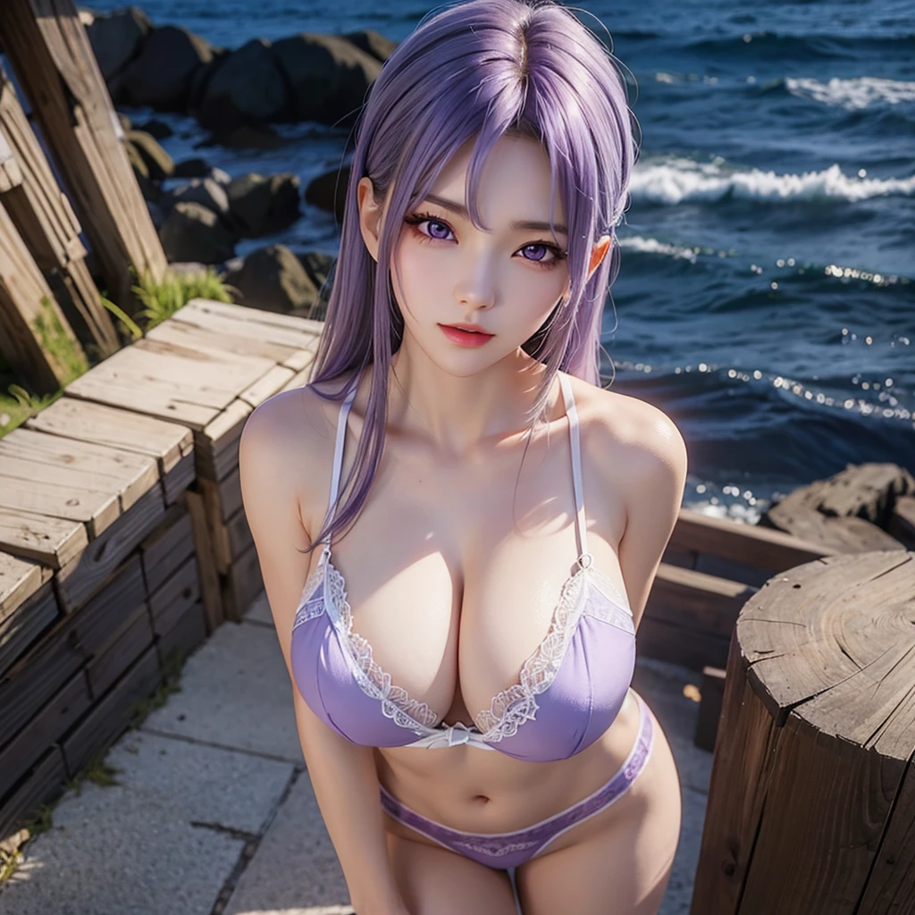 Korean beauty,Huge breasts:1.9,Cleavage can be seen,White hair,Medium long hair,8K,No underwear,Purple breast patches,Casual sexy poses,Breasts showing through underwear,Nipples can be seen,Extremely detailed chest,Full breast contour,Front lighting,Extremely detailed face,Pure skin,Exposing the lower breast:1.5,Standing by the sea,Real portrait,Purple Eyes