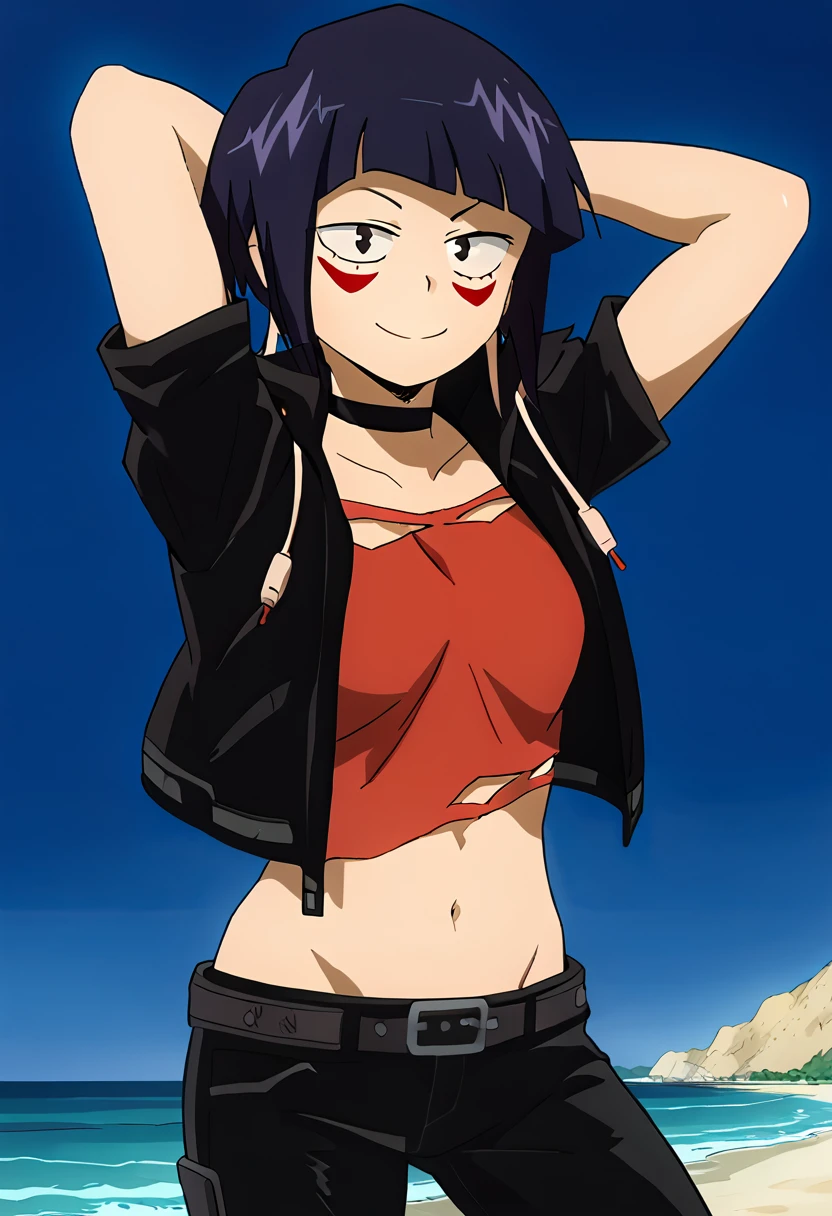 kyokajiro_mha, three-quarter shot, earlobes, red face markings, black choker, dark leather jacket, ripped shirt, jeans, fingerless_bulk_gloves, high quality, night sky, beach, 1girl, solo, arms behind head, contrapposto, spread armpits, looking at viewer, best quality, closed mouth, smile, (cowboy shot:1.5),