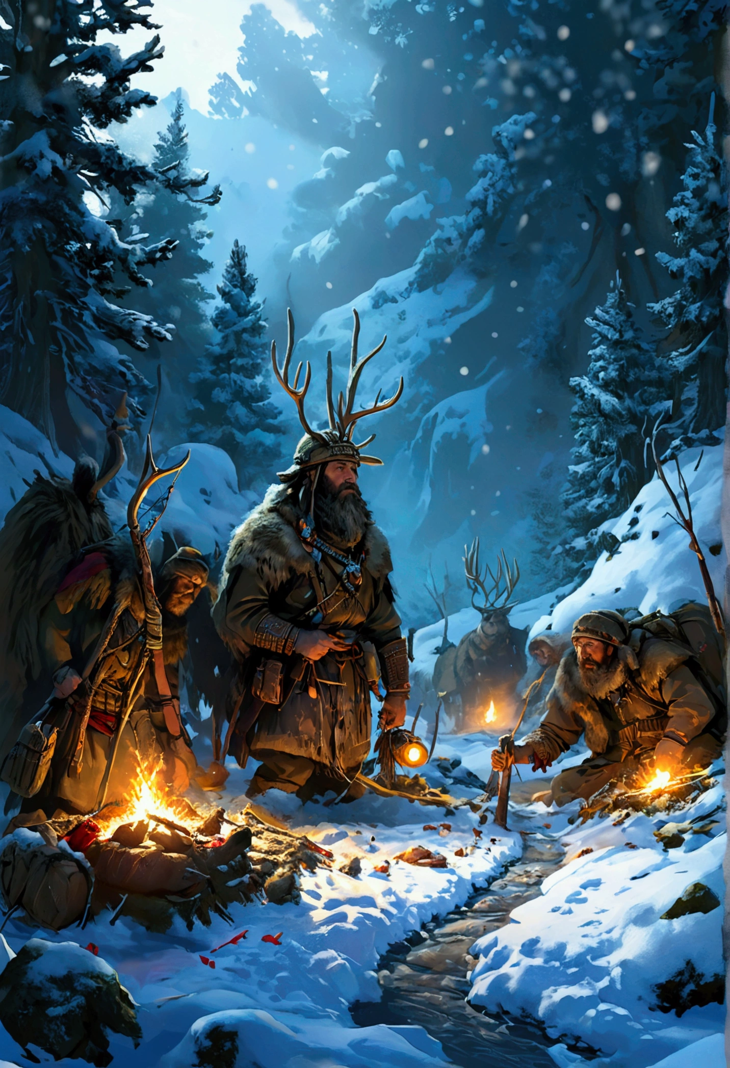 Village leader illustration, led a group of warriors on an expedition to check hunting traps in the snow-filled forest.