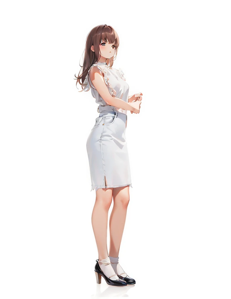 Full body ,dynamic standing,(เหมือนจริง:1.37)、Photorealsitic, Bright indoor, Soft light, Low contrast, Shallow depth of field, Beautiful adult woman illuminated by gentle light, short length bangs, hair color is a dark chestnut shade with a slight brown tone, hair with a subtle and gentle wave, Short bob hair, (White blouses), (Denim miniskirt), (Silk White Socks), (pumps), (Full body:1.5), Blank white background, (white background), Transparent background, looking down, ((masterpiece, illustration, best quality)) 