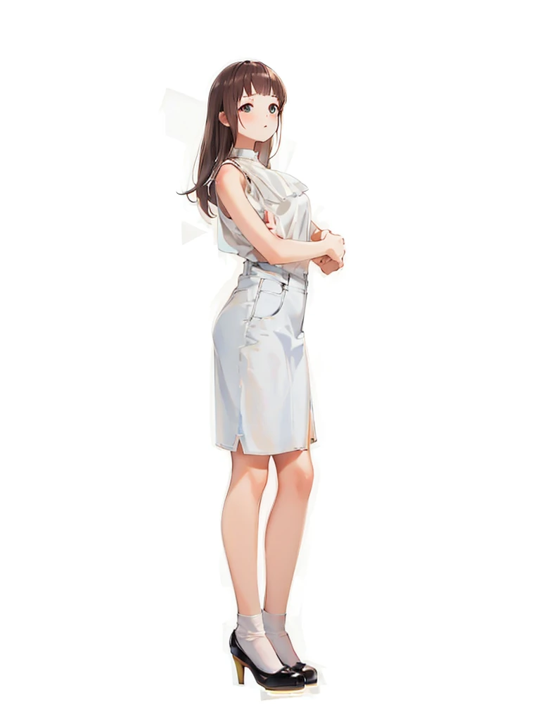 Full body ,dynamic standing,(เหมือนจริง:1.37)、Photorealsitic, Bright indoor, Soft light, Low contrast, Shallow depth of field, Beautiful adult woman illuminated by gentle light, short length bangs, hair color is a dark chestnut shade with a slight brown tone, hair with a subtle and gentle wave, Short bob hair, (White blouses), (Denim miniskirt), (Silk White Socks), (pumps), (Full body:1.5), Blank white background, (white background), Transparent background, looking down, ((masterpiece, illustration, best quality))