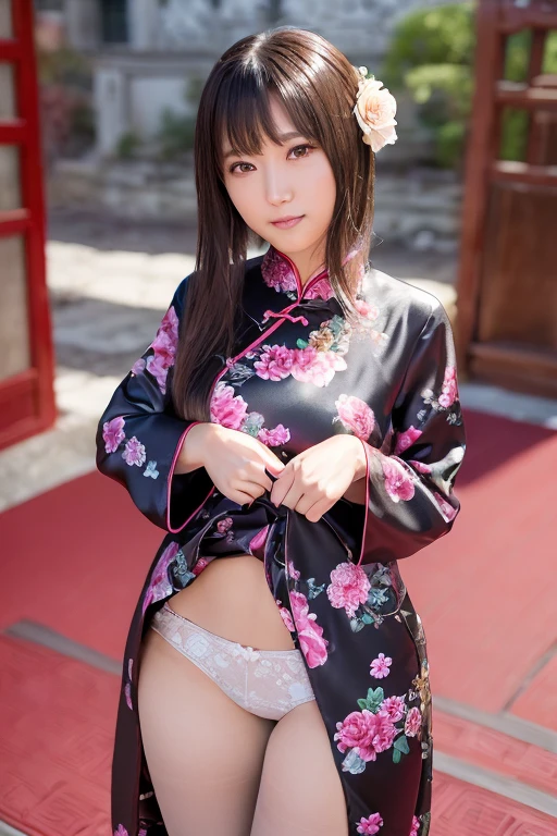 Highest quality、Highest quality、Highest Resolution、masterpiece、detailed、live-action)、
(((She flips up the hem of her flower-patterned Chinese dress with her own hands.)))、
(((Grab the hem of your floral Chinese dress with your own hands)))、
(((Wearing pantyhose up to the waist)))、
((Pantiesを見せて))、
((Pantiesが見えている))、
Panties、
bra、
1 Japanese woman、
Cute Japanese Woman、
Beautiful 20 year old Japanese woman、
Slender figure、
Super slim figure、
Small breasts、
Silver Hair、
The woman is facing the photographer、
smile、
whole body、
Standing posture、