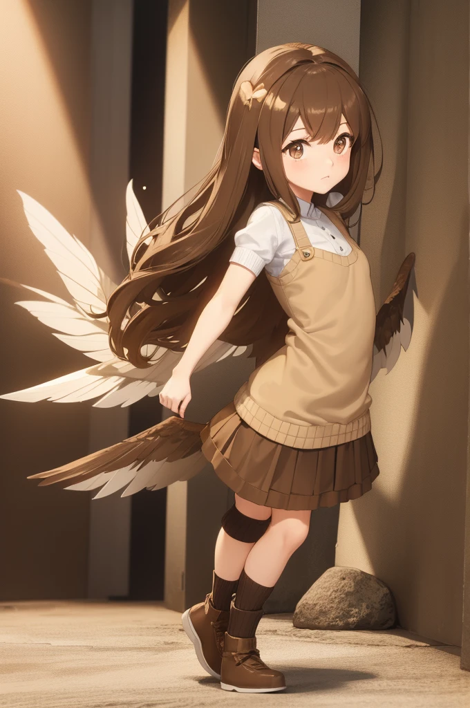 A fairy girl with brown hair and honey brown eyes., the girl has big wings, and she is also wearing a brown sweater and a short white skirt., It is adorable