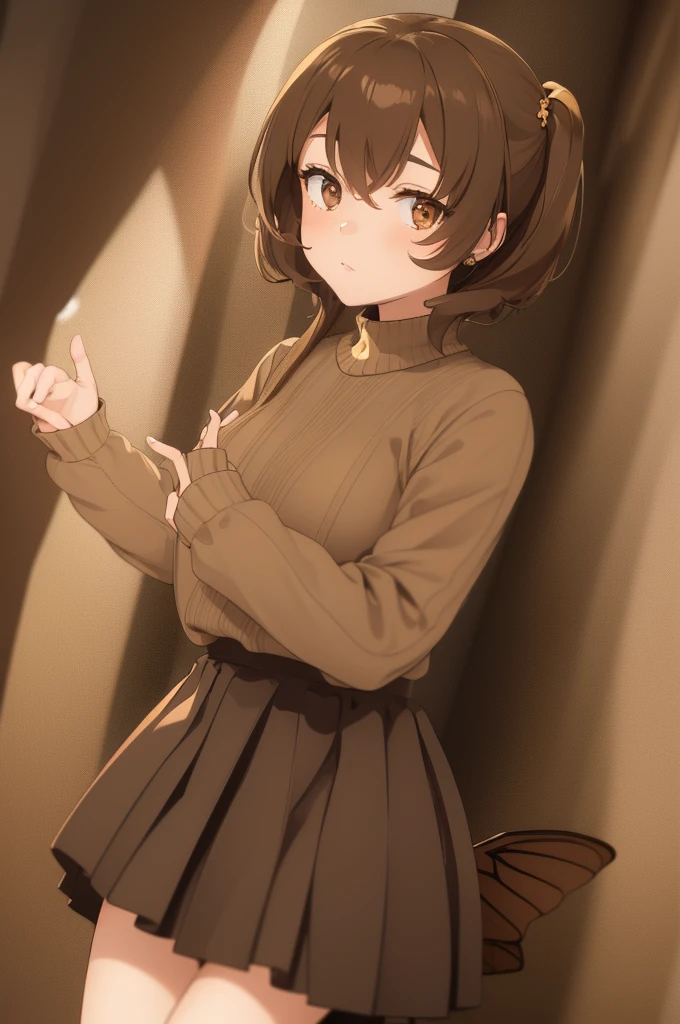 A fairy girl with brown hair and honey brown eyes., the girl has big wings, and she is also wearing a brown sweater and a short white skirt., It is adorable