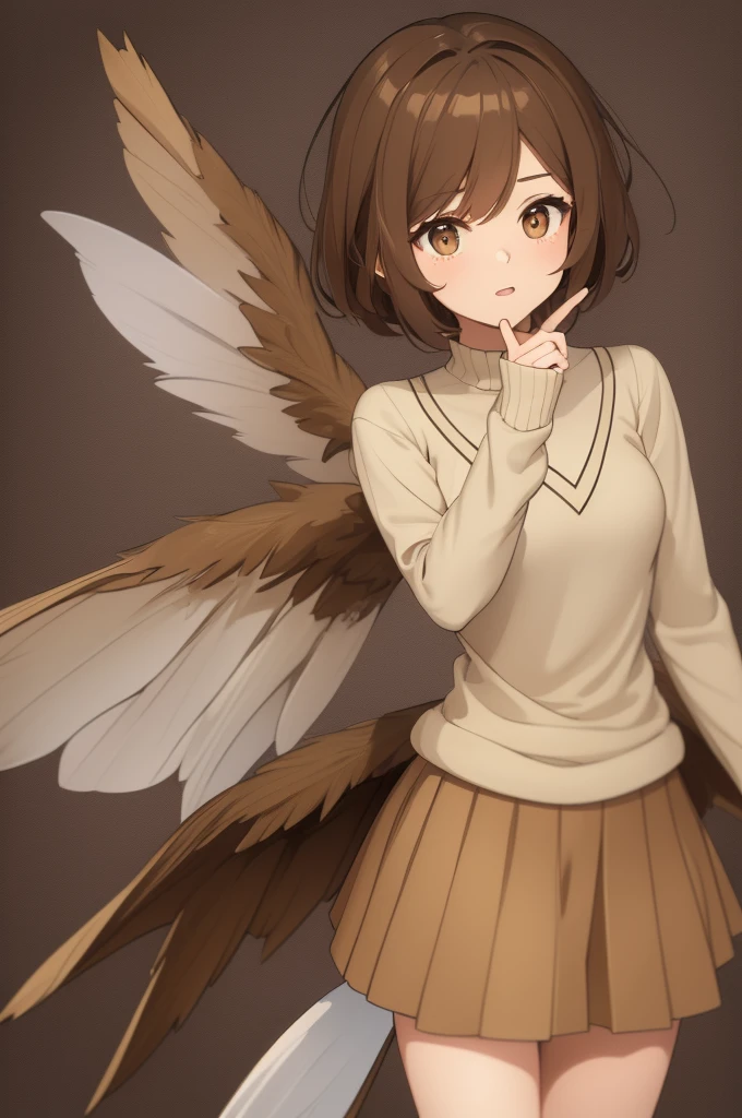 A fairy girl with brown hair and honey brown eyes., the girl has big wings, and she is also wearing a brown sweater and a short white skirt., It is adorable