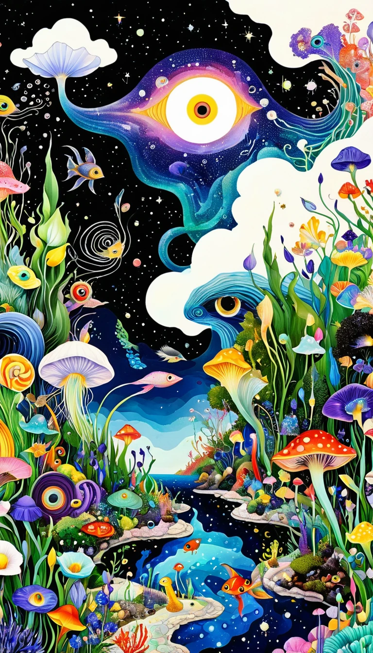 Micro Landscape。1snails小屋,Artists from the stars,Colorful black,A world of color,Dopamine,mouth,A cloud、snails、iris、fish、Tentacles、bird、Eye、diatom,Abstract mosaic painting,Describing the inner world of autistic people,Sense of space,White Space,interesting,Innocence,Psychedelic Art,Black overall