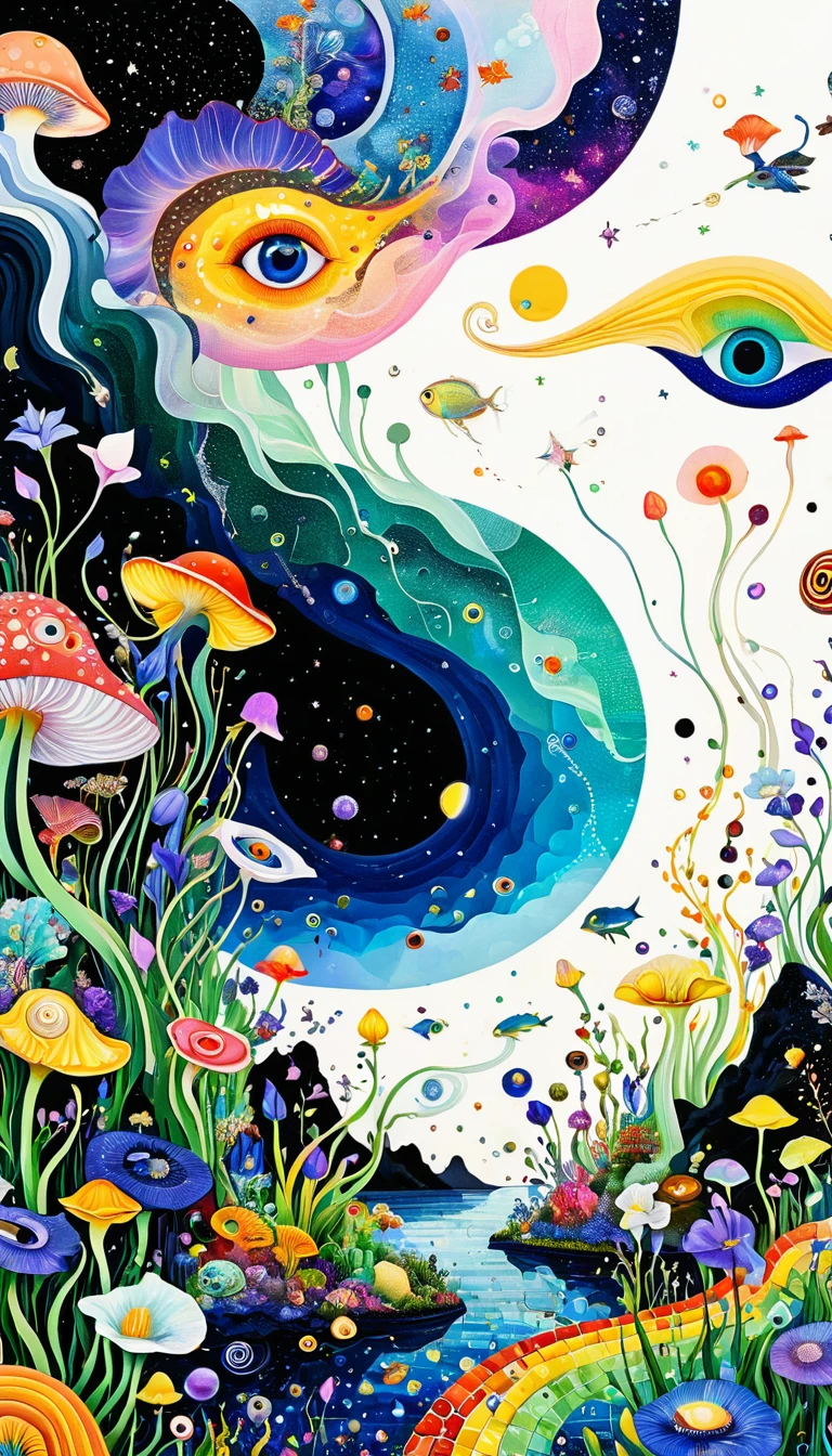 Micro Landscape。1snails小屋,Artists from the stars,Colorful black,A world of color,Dopamine,mouth,A cloud、snails、iris、fish、Tentacles、bird、Eye、diatom,Abstract mosaic painting,Describing the inner world of autistic people,Sense of space,White Space,interesting,Innocence,Psychedelic Art,Black overall