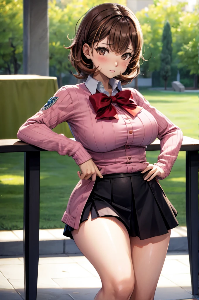 (masterpiece, best quality, highres, absurdres), 1girl, big belly, chubby arms, thighs, art by kipteitei, uniform, brown hair, black knee high skirt, pink sweater with fur trim, bow, armband, chubby, embarrassed, flushed, sitting down with legs together, poking belly, tight shirt