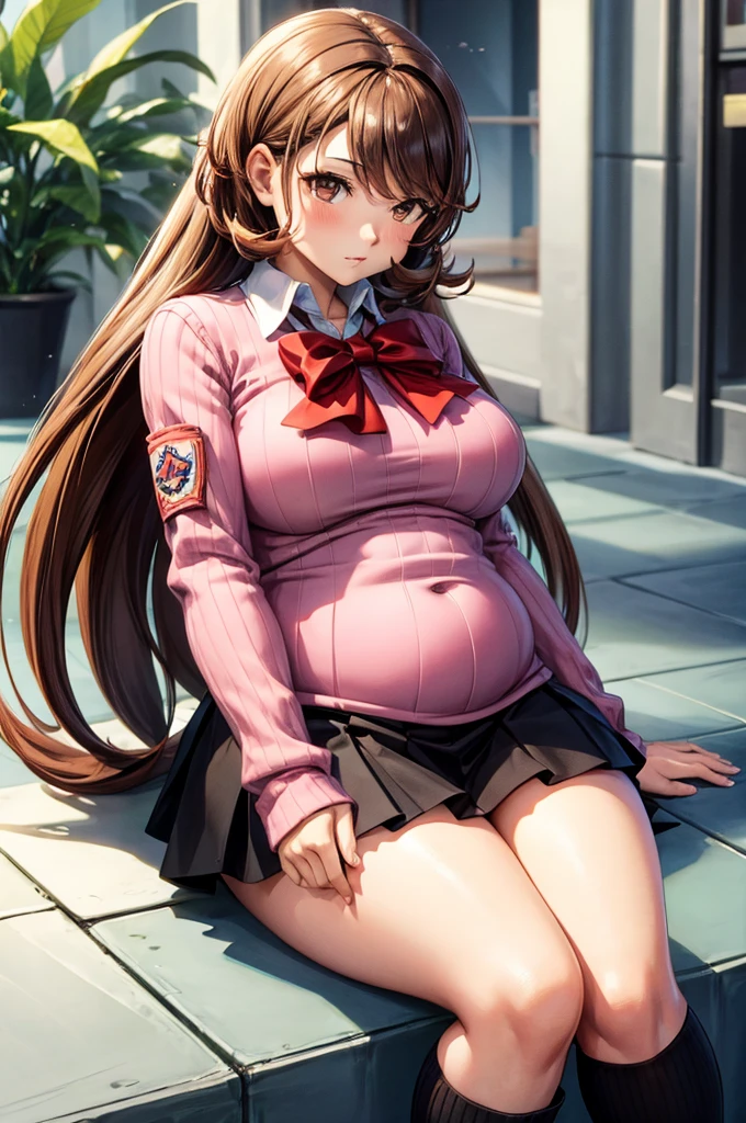 (masterpiece, best quality, highres, absurdres), 1girl, big belly, chubby arms, thighs, art by kipteitei, uniform, brown hair, black knee high skirt, pink sweater with fur trim, bow, armband, chubby, embarrassed, flushed, sitting down with legs together, poking belly, tight shirt