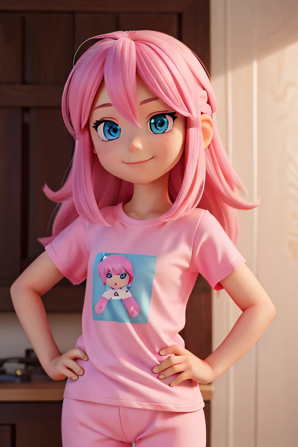 The image features a realistic girl against a dark background. The character has strong light pink hair, blue eyes, he must be wearing a light pink t-shirt, make her hair over her pajamas, long pink hair, make her have her hands on her hips, the character is a girl. The character's pose is friendly and welcoming, makes him smile and be happy, makes him realistic