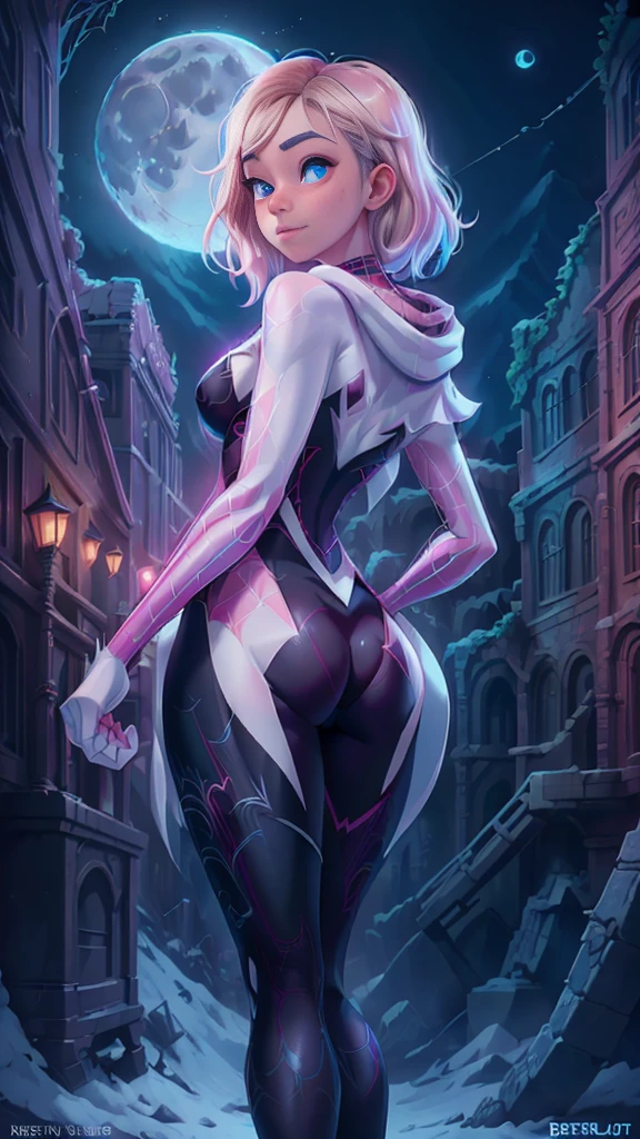 unreal engine:1.4,UHD,The best quality:1.4, photorealistic:1.4, skin texture:1.4, Masterpiece:1.8, (back view, back view),(La Best Quality,A high resolution,ultra detailed,actual),Spider-gwen standing in a city at night, araña-gwen, araña - gwen, (spider gwen:1.4) , (Gwen Stacy:1.4) ,,(Ruined dungeon ruins background:1.4 ), in the Artgerm Style, Artgerm Style, Artgerm Style, graphic artist artgerm, Betty Cooper, comic germ, en Artgerm Style, as seen on artgerm, Estilo de epic fantasy art HD, 4K fantasy art, epic fantasy digital art style, epic fantasy art style, fantasy woman, epic fantasy art portrait, epic fantasy style, hyperrealistic fantasy art, fantasy art in high definition, Epic fantasy character art.., epic fantasy art, in dark fantasy art style, epic fantasy digital art, (perfect anatomy :1.4),( cinematic lighting :1.4), (the uniform lasts white), 8K more detailed.unreal engine:1.4,UHD,La Best Quality:1.4, photorealistic:1.4, skin texture:1.4, Masterpiece:1.8,first job, Best Quality,object object], (detailed facial features:1.3),(beautiful blue eyes),  (cowboy pose), (face detailed Gwen Stacy :1.4),( Gwen Stacy :V2.1), (Five fingers, four fingers and thumb),(she has a beautiful beautiful ass ), (shiny white tights/shackles:1.4),(bright colors),( big bright moon background :1.4) (perfect anatomy detailed :V2.1), (perfect human fingers :1.4), (face detailed :1.4), (fondo telaraña white trasparente grande :1.4), (UHD, realistic 32k), (ojos hermosos azules detailed :1.4), (face detailed :1.4) 