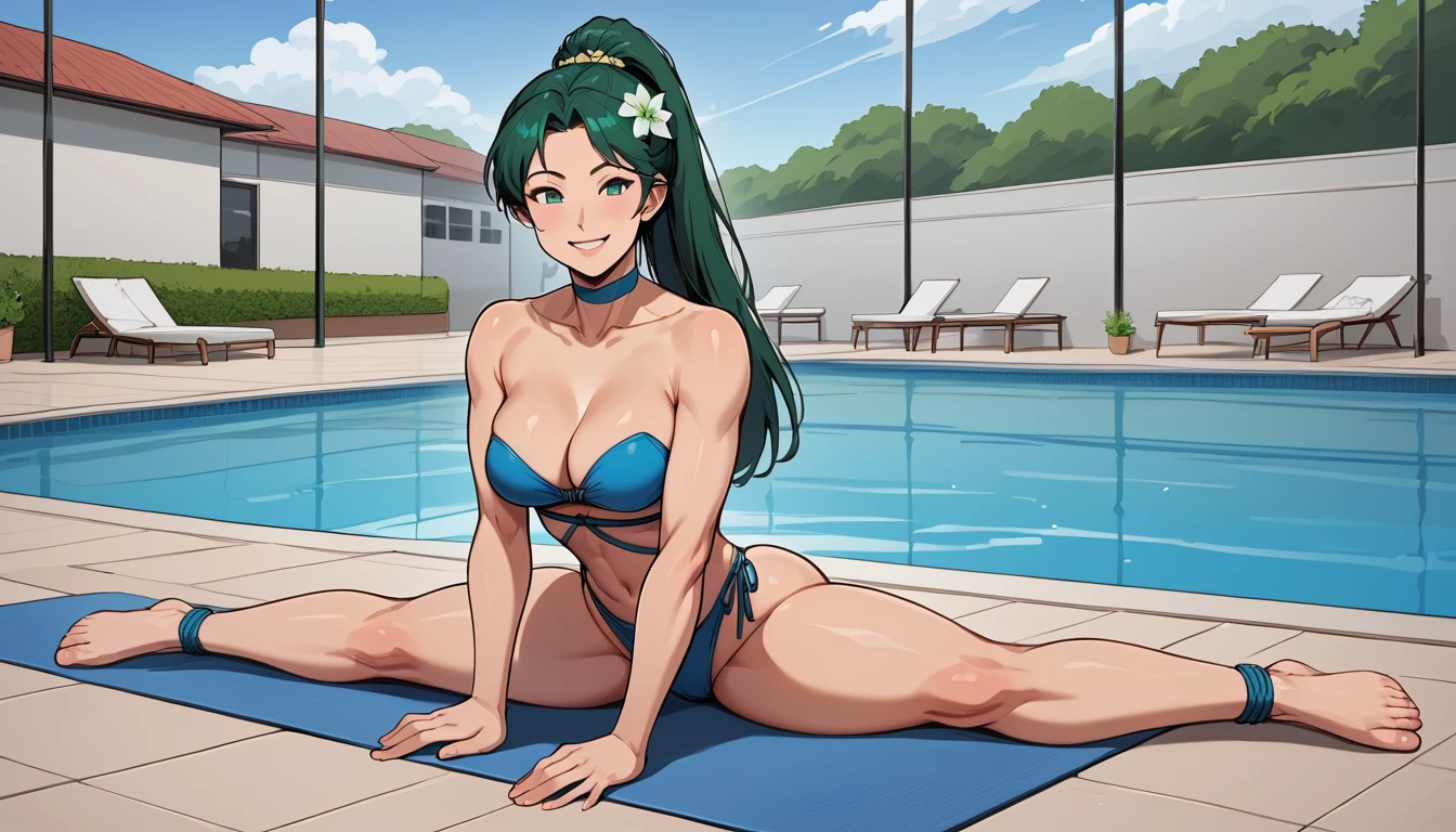 sumLyn, green hair, high ponytail, hair flower, choker, blue bikini, strapless, cleavage, waist rope, One girl, An athletic body, Sitting, On the floor, Split Horizon, stretch, horizontal splits, smile, stretch regs, poolside, hand on floor, peace sign