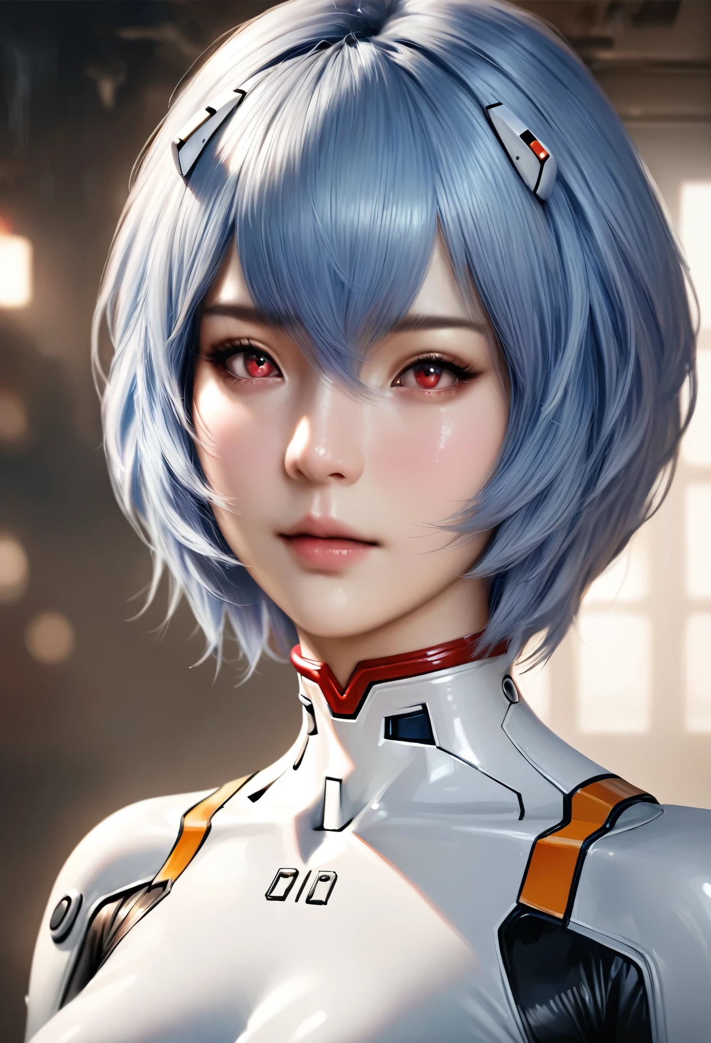 animetoreal,soft light, masterpiece, best quality,high quality,delicate face, realistic,photorealistic,1girl,
Ayanami Rei,white bodysuit,red eyes,pilot suit,short hair,blue hair,bangs,interface headset,turtleneck,hair between eyes