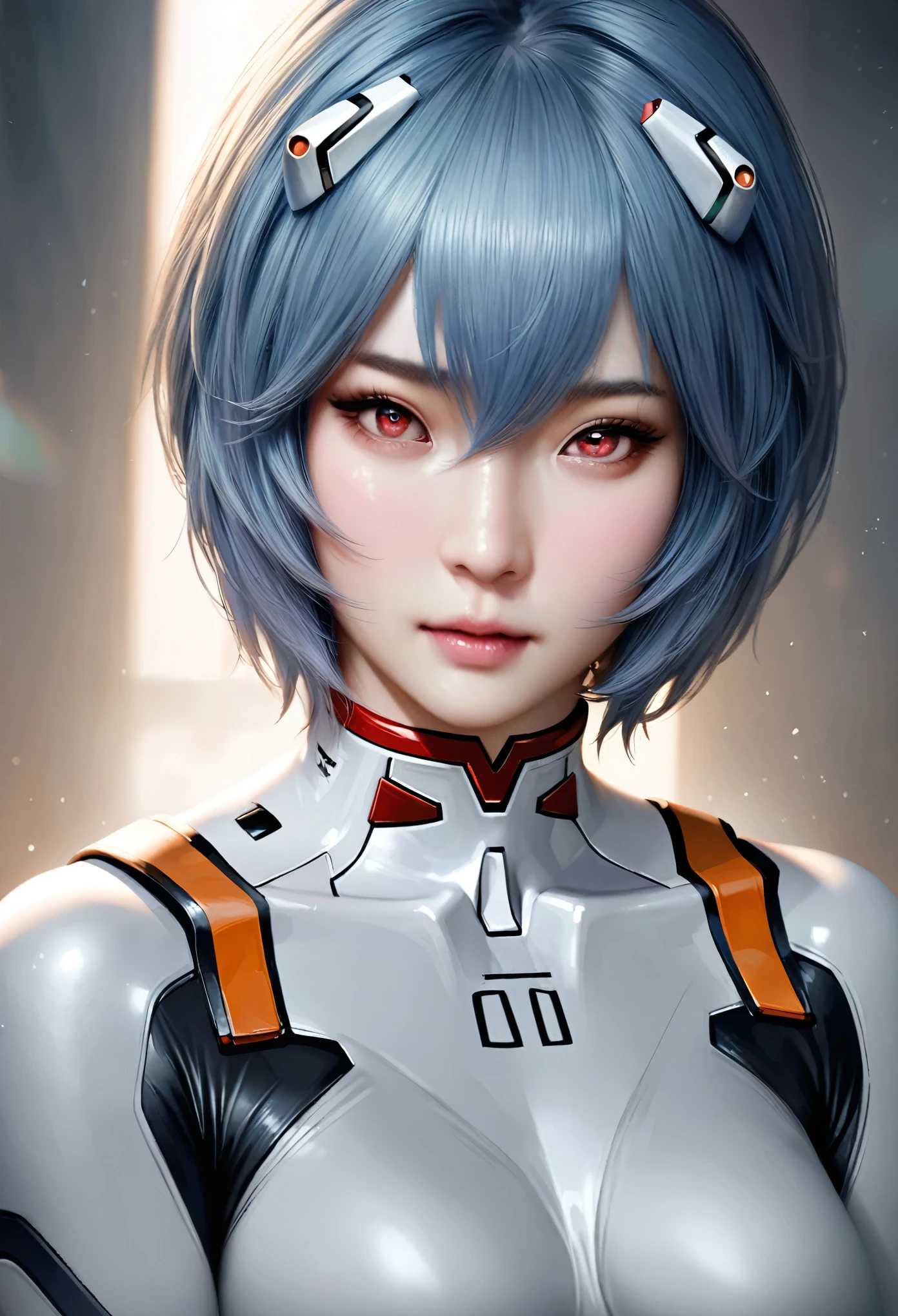 animetoreal,soft light, masterpiece, best quality,high quality,delicate face, realistic,photorealistic,1girl,
Ayanami Rei,white bodysuit,red eyes,pilot suit,short hair,blue hair,bangs,interface headset,turtleneck,hair between eyes