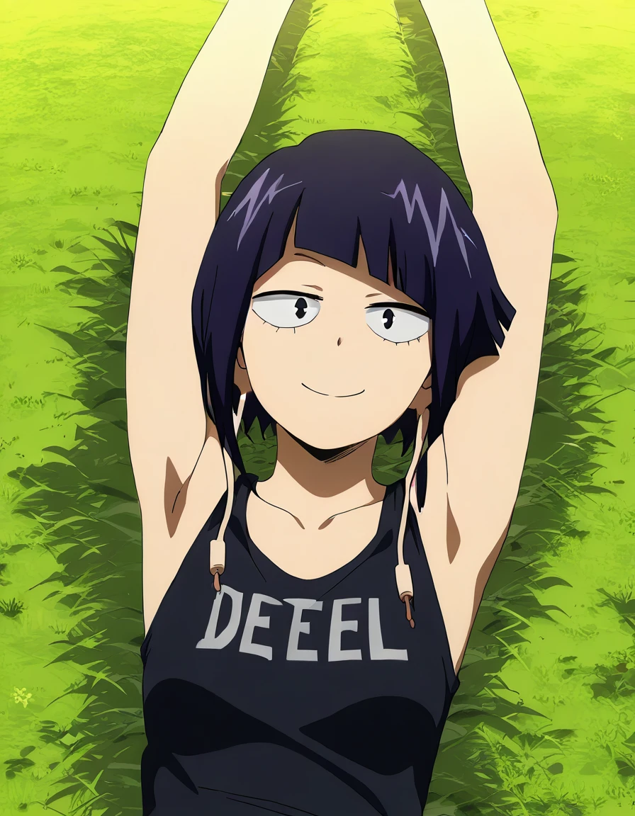 ultra-high definition image, 1girl,solo, absurd res, looking at viewer, BREAK
kyokajiro_mha,earlobes, earphone plugs, faint smile,  score_9, source_anime, BREAK
 cowboy shot, tank_top_with_text, black bra, high quality, lying, on grass, 1girl, solo, on back, arms up, spread arms, looking at viewer, best quality, closed mouth, smile, (cowboy shot:1.5), three-quarter shot,