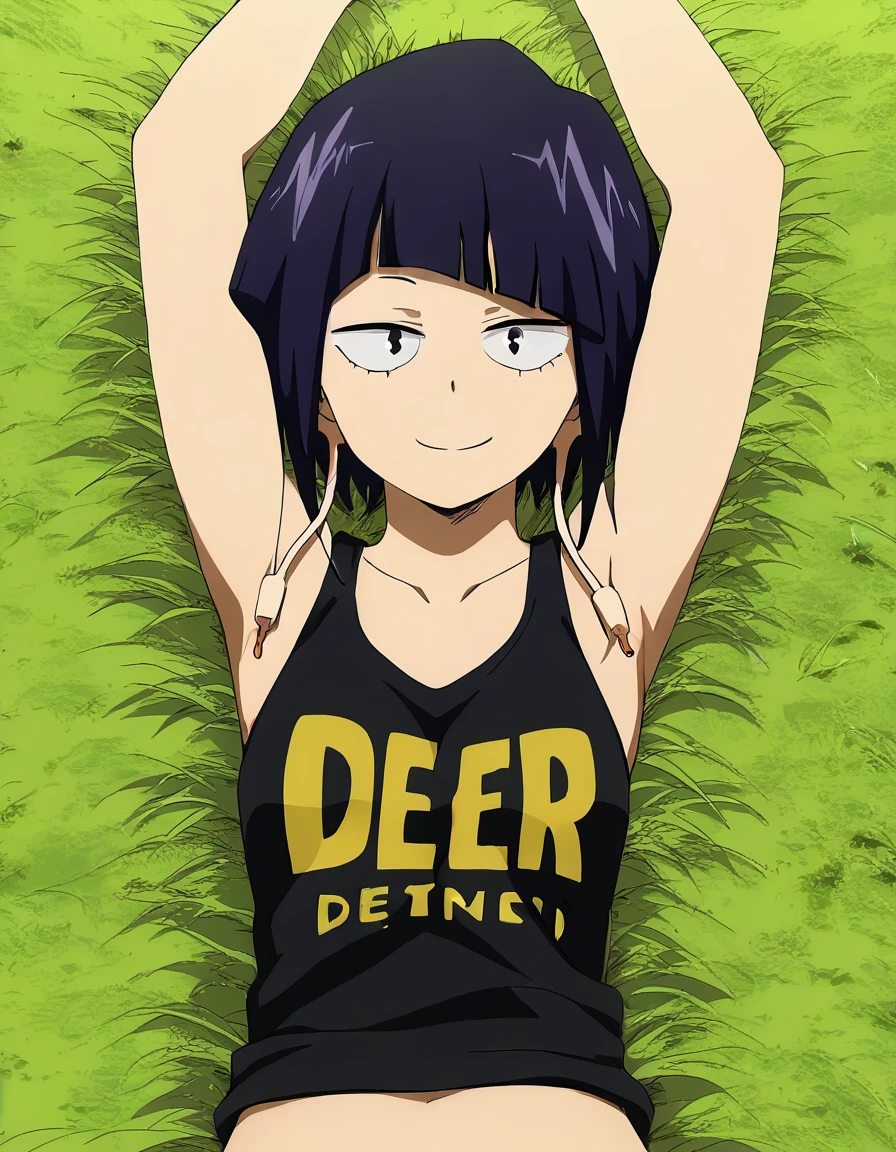 ultra-high definition image, 1girl,solo, absurd res, looking at viewer, BREAK
kyokajiro_mha,earlobes, earphone plugs, faint smile,  score_9, source_anime, BREAK
 cowboy shot, tank_top_with_text, black bra, high quality, lying, on grass, 1girl, solo, on back, arms up, spread arms, looking at viewer, best quality, closed mouth, smile, (cowboy shot:1.5), three-quarter shot,