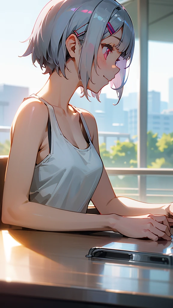１girl、Short silver bob hair held together with a hair clip, Pink Eyes、I really like it、Tank top、smile、profile、Face close-up、Morning Cafe Terrace、Background blur, Written boundary depth