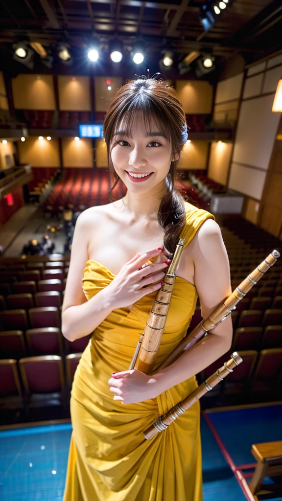 ((Half Japan and half Spanish, The most beautiful idol face in Japan,Perfect smile looking at the camera,25-years old,Perfect face,Playing the flute,Turn to this,View here,Stand on stage in the concert hall,Play gracefully,On the stage of the concert hall,Elegant and beautiful dresses,Perfect fingers,perfect arms,A big smile is staring at me.....,Biggest smile,Graceful and beautiful)),((Extravagant concert hall,Detailed backgrounds of the highest quality,The ultra -The high-definition,Perfect Anatomy,high-definition RAW color photography,professional photograpy, extremely delicate and beautiful, Extremely detailed,finely detail, Huge file size,Top image quality,8K,Photos taken with a single-lens reflex camera,Award-Winning Works,masutepiece))Woman in a yellow dress playing the flute, young girl playing flute, Yoshitomo Nara, musician, elegant japanese woman, stock photograph, A Japanese Lady, stock photograph, Japanese Models, istockphoto, in a japanese apartment, Stock Photo, ;Open mouth, marketing photo, istock，Super huge breasts，Cleavage